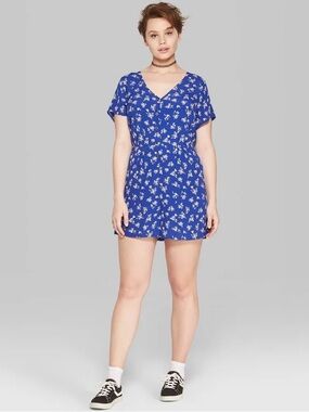 Wild Fable Floral Short Sleeve Pleated Romper | Size XL | Blue